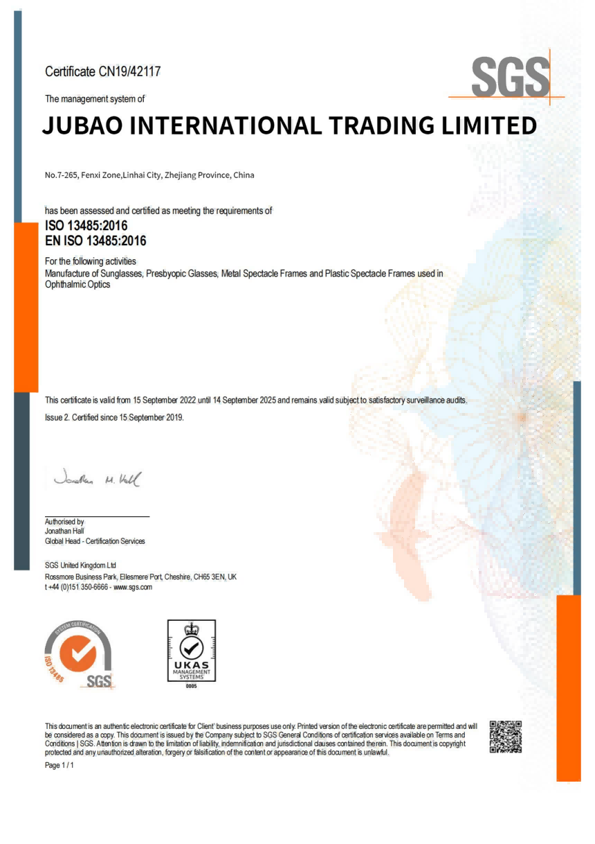 JUBAO OPTICAL certifications