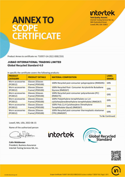 JUBAO OPTICAL eyewear industry certifications