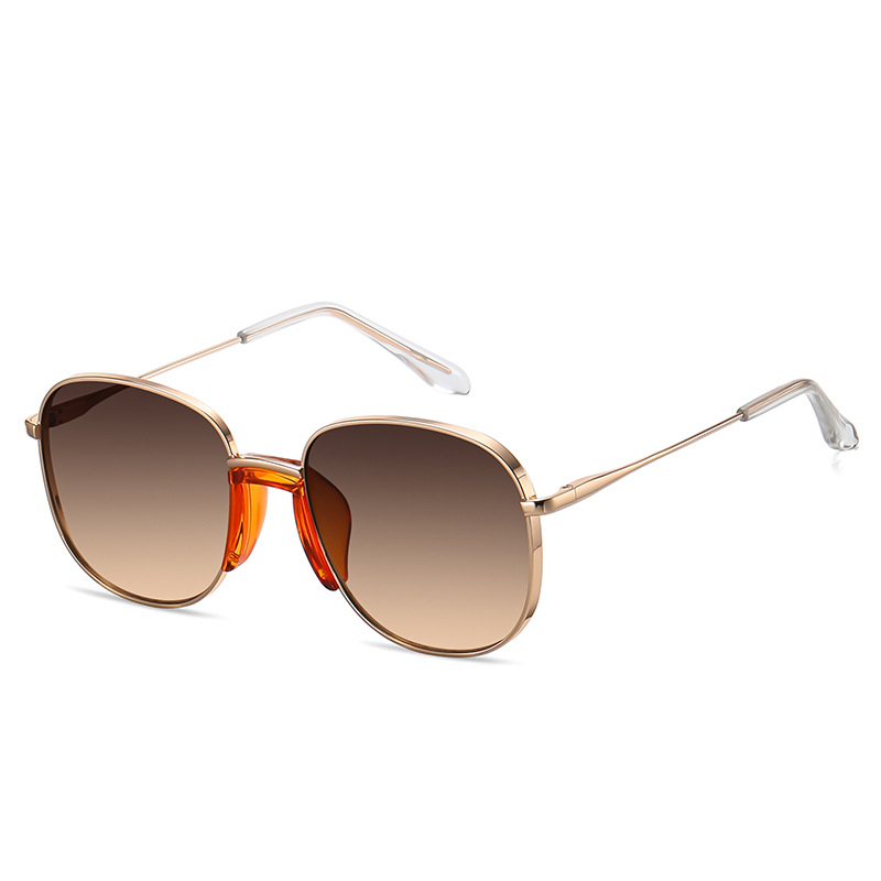 Fashionable Bright gold progressive coffee gradient sunglasses for women Korean style light luxury sunglasses round frame